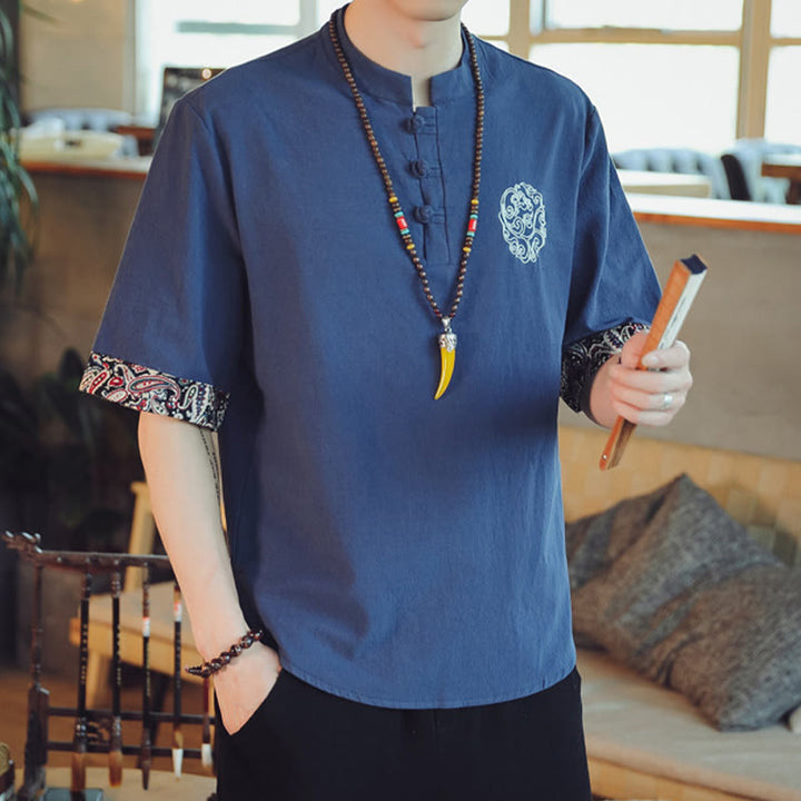 Kamienie Buddha Stones -Guzik Smok Haft Chiński Tang Suit Krótki Rękaw Koszula Lniana Męska Odzież - image 37