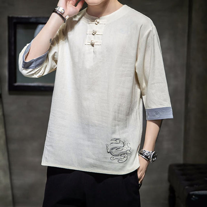 Kamienie Buddha Stones -Guzik Smok Haft Chiński Strój Tang Trzy Czwarte Rękawy Koszula Bawełna Len Męska Odzież - image 10