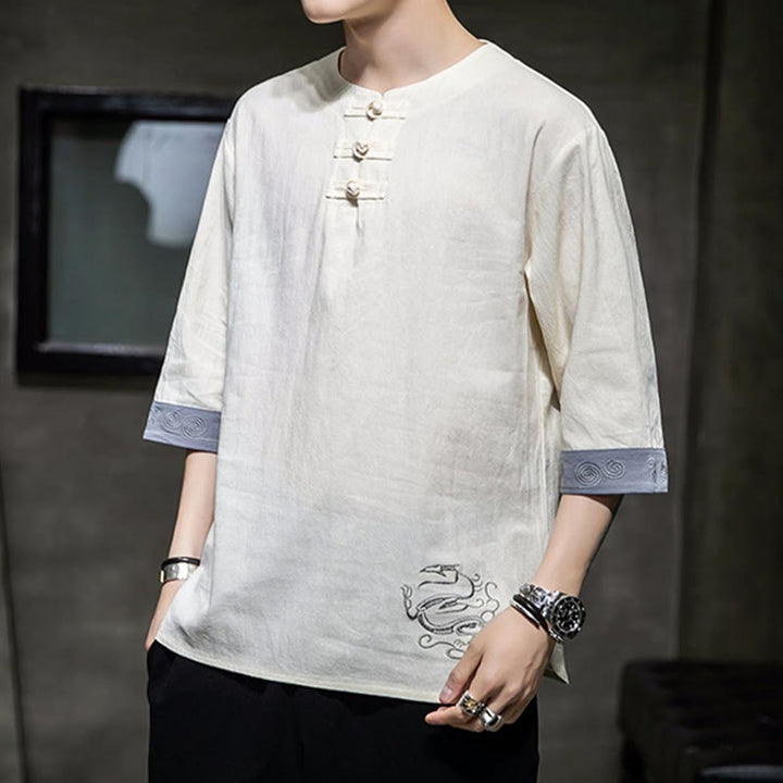 Kamienie Buddha Stones -Guzik Smok Haft Chiński Strój Tang Trzy Czwarte Rękawy Koszula Bawełna Len Męska Odzież - image 6