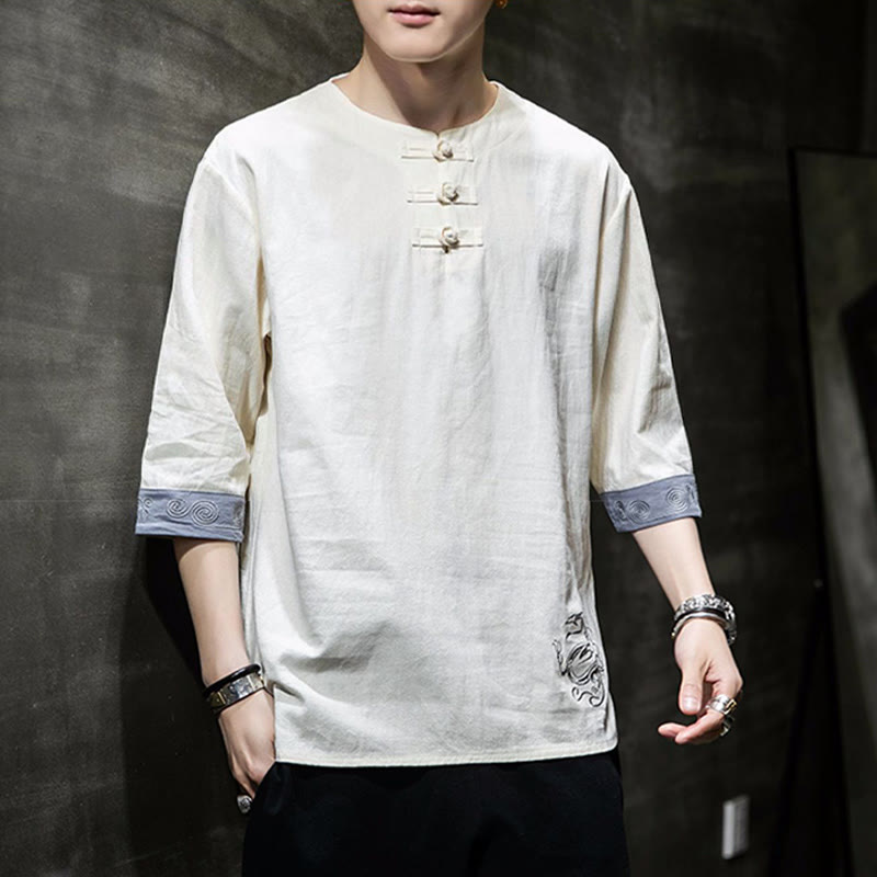 Kamienie Buddha Stones -Guzik Smok Haft Chiński Strój Tang Trzy Czwarte Rękawy Koszula Bawełna Len Męska Odzież - image 3