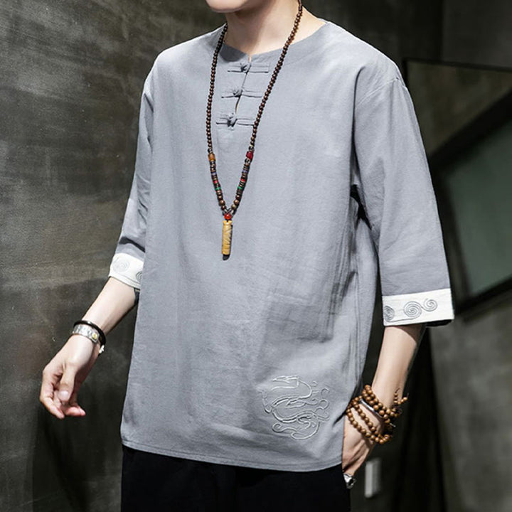 Kamienie Buddha Stones -Guzik Smok Haft Chiński Strój Tang Trzy Czwarte Rękawy Koszula Bawełna Len Męska Odzież - image 17