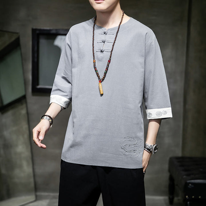 Kamienie Buddha Stones -Guzik Smok Haft Chiński Strój Tang Trzy Czwarte Rękawy Koszula Bawełna Len Męska Odzież - image 18