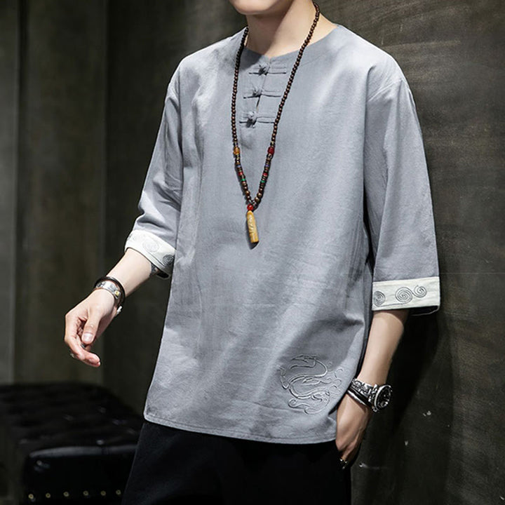 Kamienie Buddha Stones -Guzik Smok Haft Chiński Strój Tang Trzy Czwarte Rękawy Koszula Bawełna Len Męska Odzież - image 16