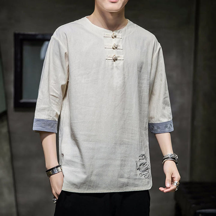 Kamienie Buddha Stones -Guzik Smok Haft Chiński Strój Tang Trzy Czwarte Rękawy Koszula Bawełna Len Męska Odzież - image 8