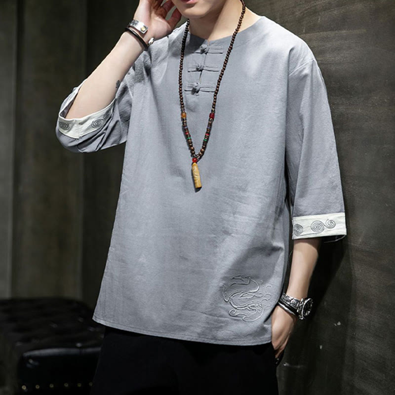 Kamienie Buddha Stones -Guzik Smok Haft Chiński Strój Tang Trzy Czwarte Rękawy Koszula Bawełna Len Męska Odzież - image 19