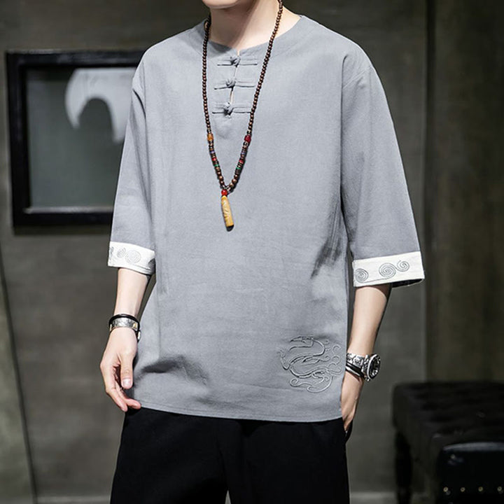 Kamienie Buddha Stones -Guzik Smok Haft Chiński Strój Tang Trzy Czwarte Rękawy Koszula Bawełna Len Męska Odzież - image 13