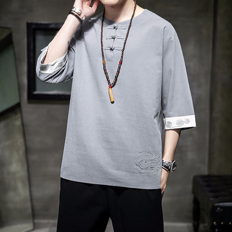 Kamienie Buddha Stones -Guzik Smok Haft Chiński Strój Tang Trzy Czwarte Rękawy Koszula Bawełna Len Męska Odzież - image 20