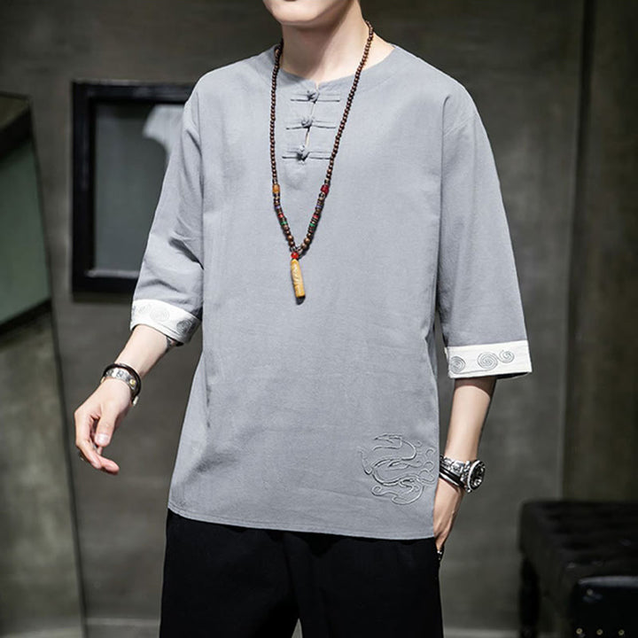 Kamienie Buddha Stones -Guzik Smok Haft Chiński Strój Tang Trzy Czwarte Rękawy Koszula Bawełna Len Męska Odzież - image 21