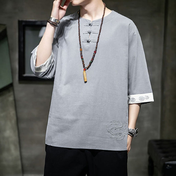 Kamienie Buddha Stones -Guzik Smok Haft Chiński Strój Tang Trzy Czwarte Rękawy Koszula Bawełna Len Męska Odzież - image 15