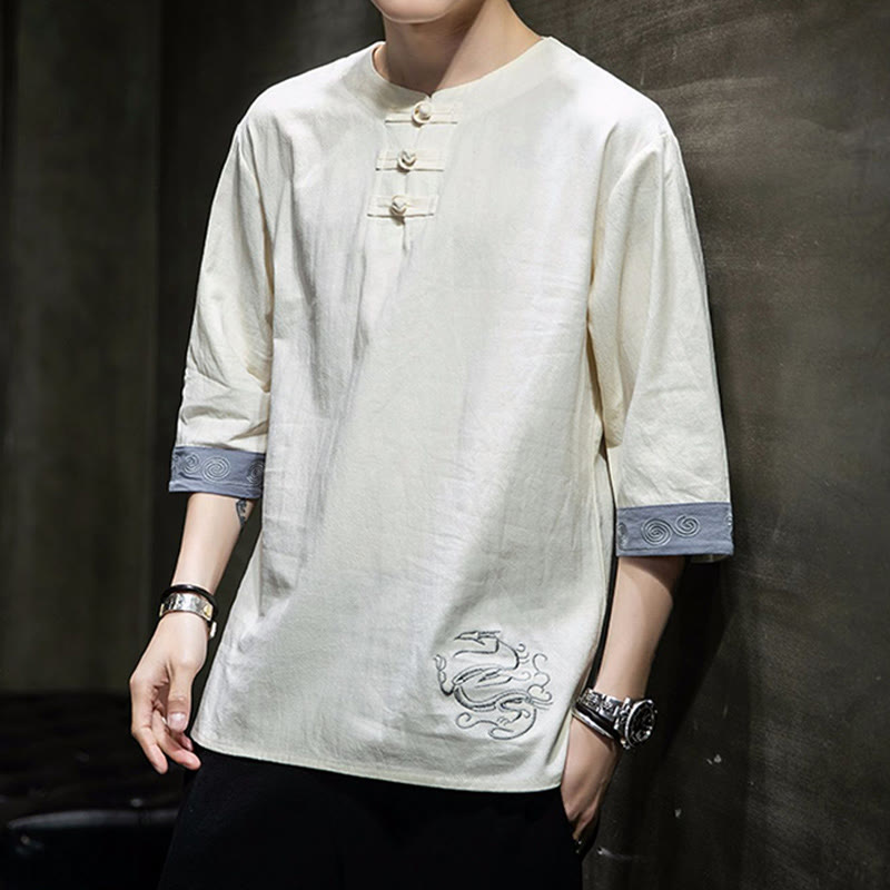 Kamienie Buddha Stones -Guzik Smok Haft Chiński Strój Tang Trzy Czwarte Rękawy Koszula Bawełna Len Męska Odzież - image 4