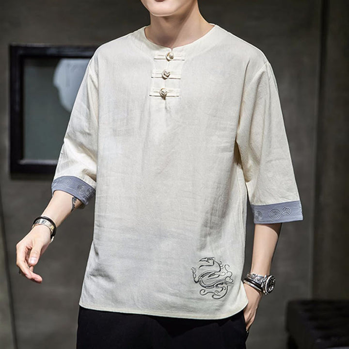 Kamienie Buddha Stones -Guzik Smok Haft Chiński Strój Tang Trzy Czwarte Rękawy Koszula Bawełna Len Męska Odzież - image 7
