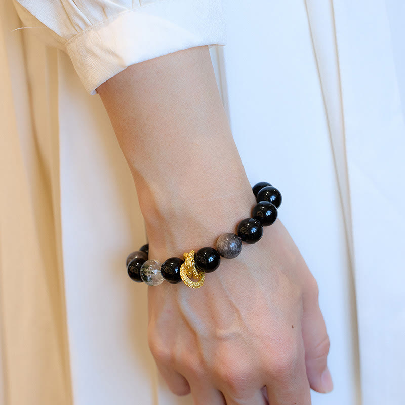 Bransoletka ochronna z Buddha Stones Naturalny srebrny połysk Obsydian Smok Zielony Fantom