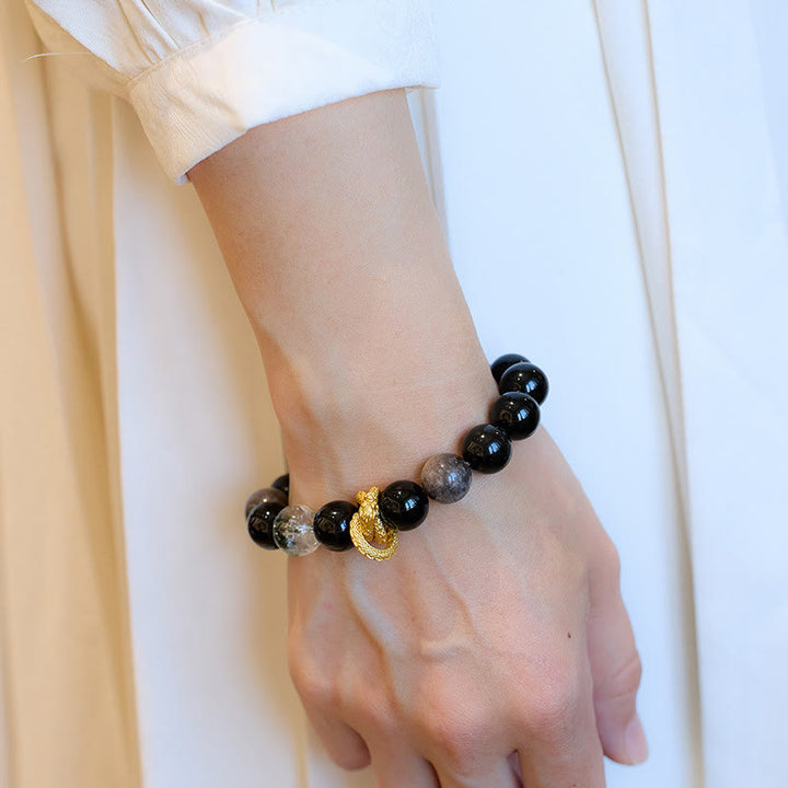 Bransoletka ochronna z Buddha Stones Naturalny srebrny połysk Obsydian Smok Zielony Fantom