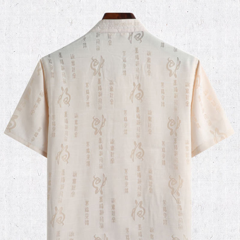 Buddha Stones -Guzik Fu Postać Smok Bambus Liść Chiński Strój Tang Krótki Rękaw Koszula Lniana Z Kieszeniami - image 1