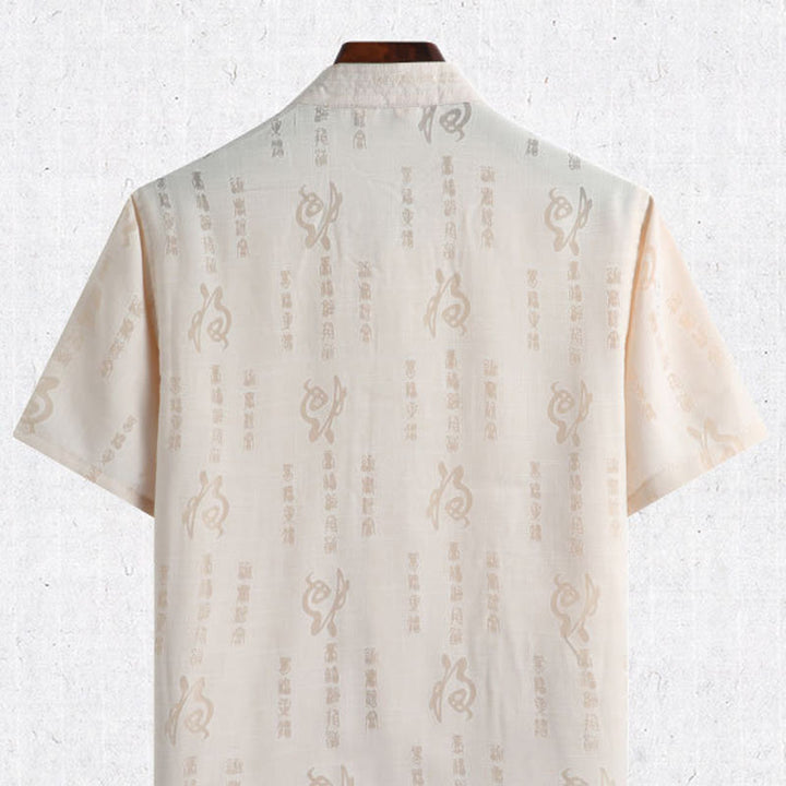 Buddha Stones -Guzik Fu Postać Smok Bambus Liść Chiński Strój Tang Krótki Rękaw Koszula Lniana Z Kieszeniami - image 1