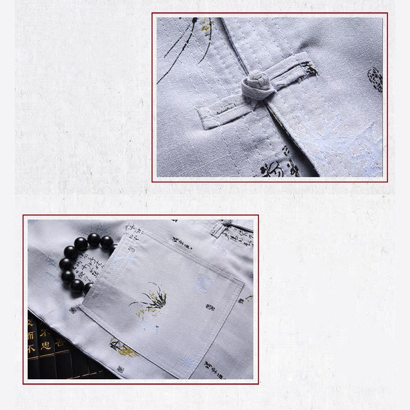 Buddha Stones -Guzik Fu Postać Smok Bambus Liść Chiński Strój Tang Krótki Rękaw Koszula Lniana Z Kieszeniami - image 12