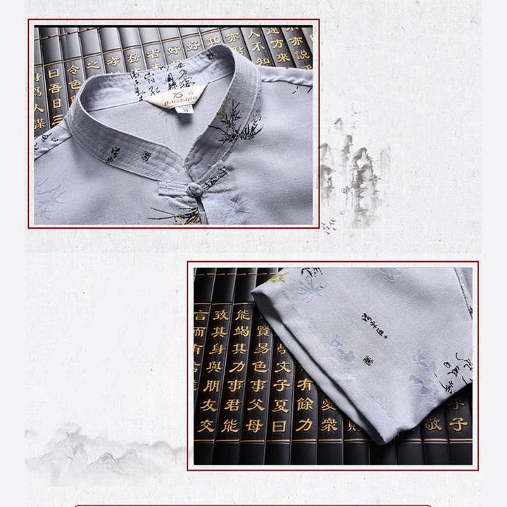 Buddha Stones -Guzik Fu Postać Smok Bambus Liść Chiński Strój Tang Krótki Rękaw Koszula Lniana Z Kieszeniami - image 11