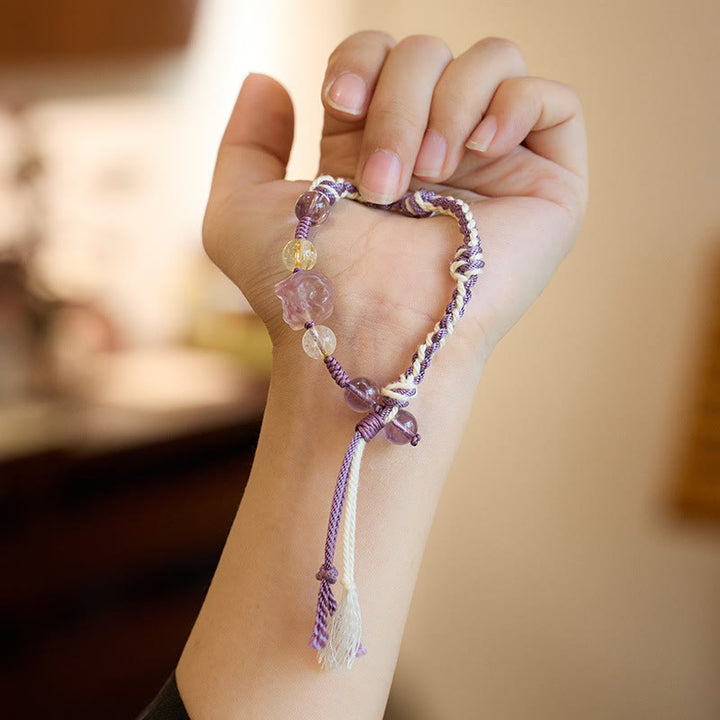 Buddha Stones Naturalny Fluoryt Ametyst Srebrny Połysk Obsydian Tygrysie Oko Ochrona Bransoletka Lina