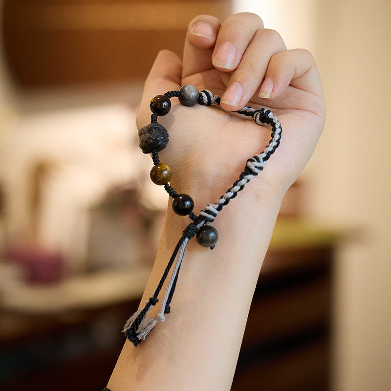 Buddha Stones Naturalny Fluoryt Ametyst Srebrny Połysk Obsydian Tygrysie Oko Ochrona Bransoletka Lina