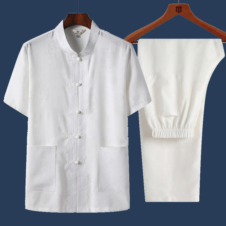 Buddha Stones 2 szt. Żaba-guzik Fu Charakter Smok Bambus Liść Krótki Rękaw Koszula Spodnie Męski Zestaw