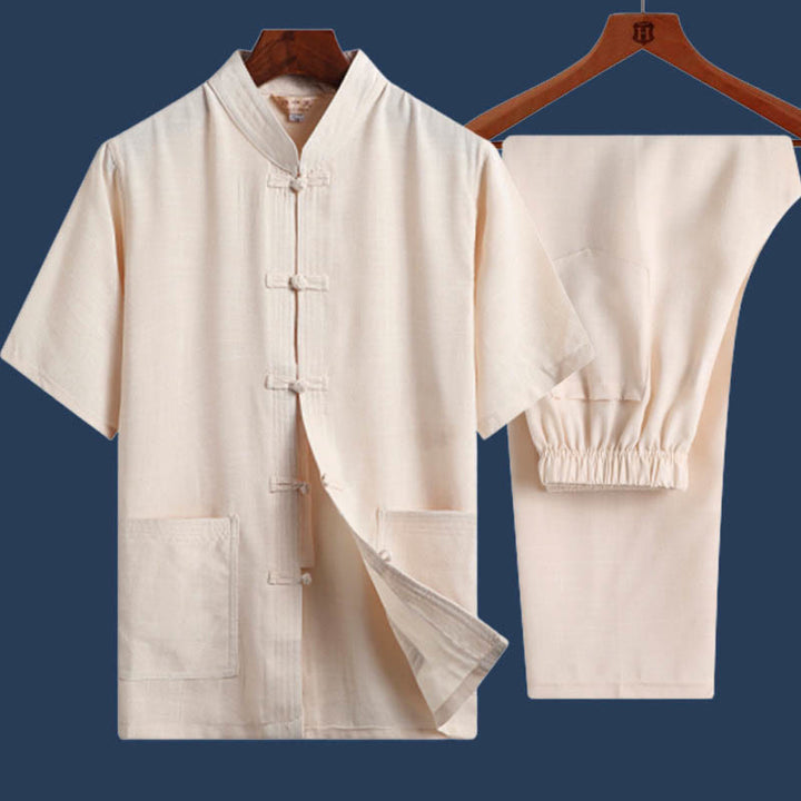 Buddha Stones 2 szt. Żaba-guzik Fu Charakter Smok Bambus Liść Krótki Rękaw Koszula Spodnie Męski Zestaw