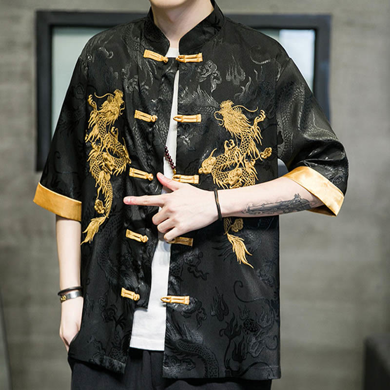 Buddha Stones -Guzik Chiński Smok Haft Pół Rękaw Koszula Lniana Męska Odzież - image 6