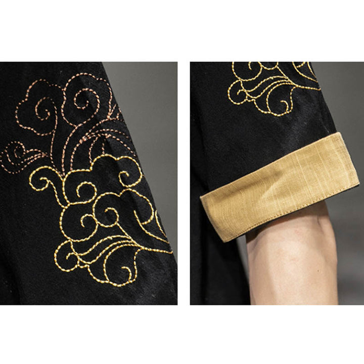 Buddha Stones -Guzik Chiński Smok Pomyślny Chmura Haft Pół Rękaw Koszula Bawełna Len Mężczyźni Odzież - image 11