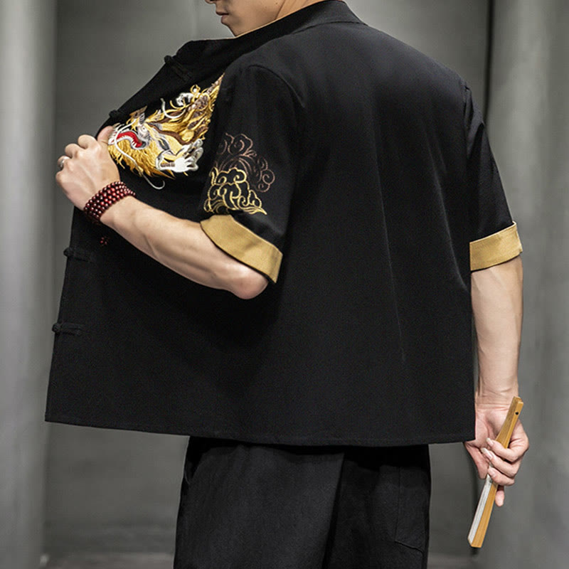 Buddha Stones -Guzik Chiński Smok Pomyślny Chmura Haft Pół Rękaw Koszula Bawełna Len Mężczyźni Odzież - image 2