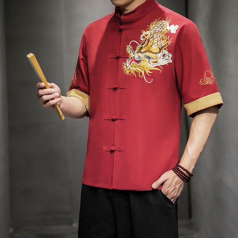 Buddha Stones -Guzik Chiński Smok Pomyślny Chmura Haft Pół Rękaw Koszula Bawełna Len Mężczyźni Odzież - image 16