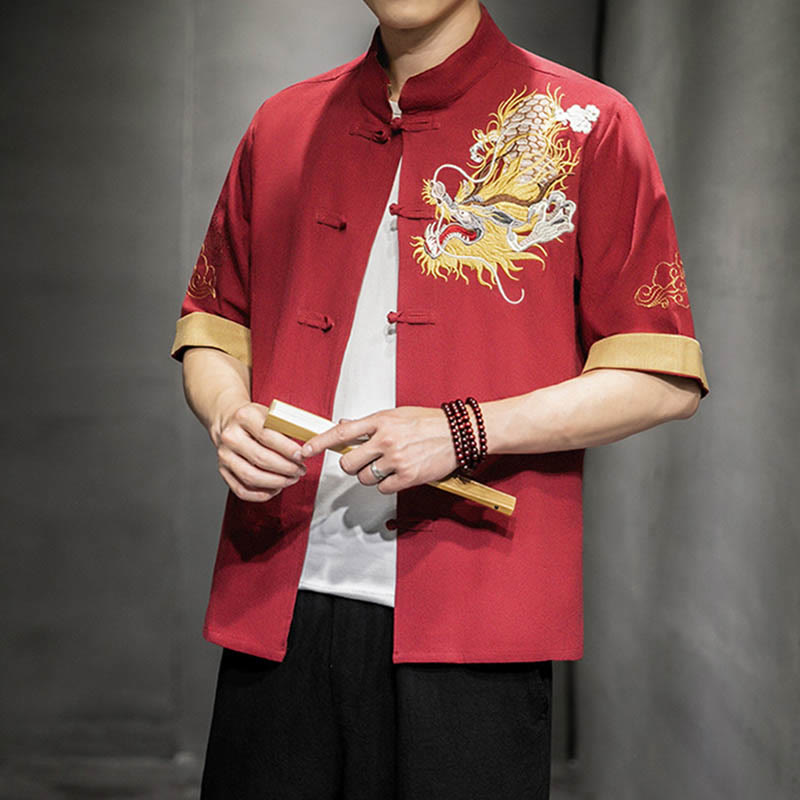 Buddha Stones -Guzik Chiński Smok Pomyślny Chmura Haft Pół Rękaw Koszula Bawełna Len Mężczyźni Odzież - image 19