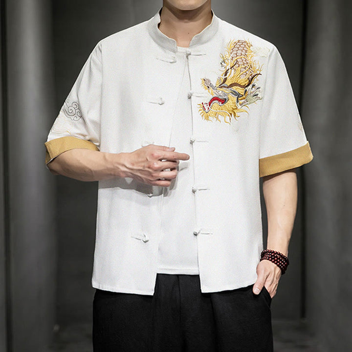 Buddha Stones -Guzik Chiński Smok Pomyślny Chmura Haft Pół Rękaw Koszula Bawełna Len Mężczyźni Odzież - image 23