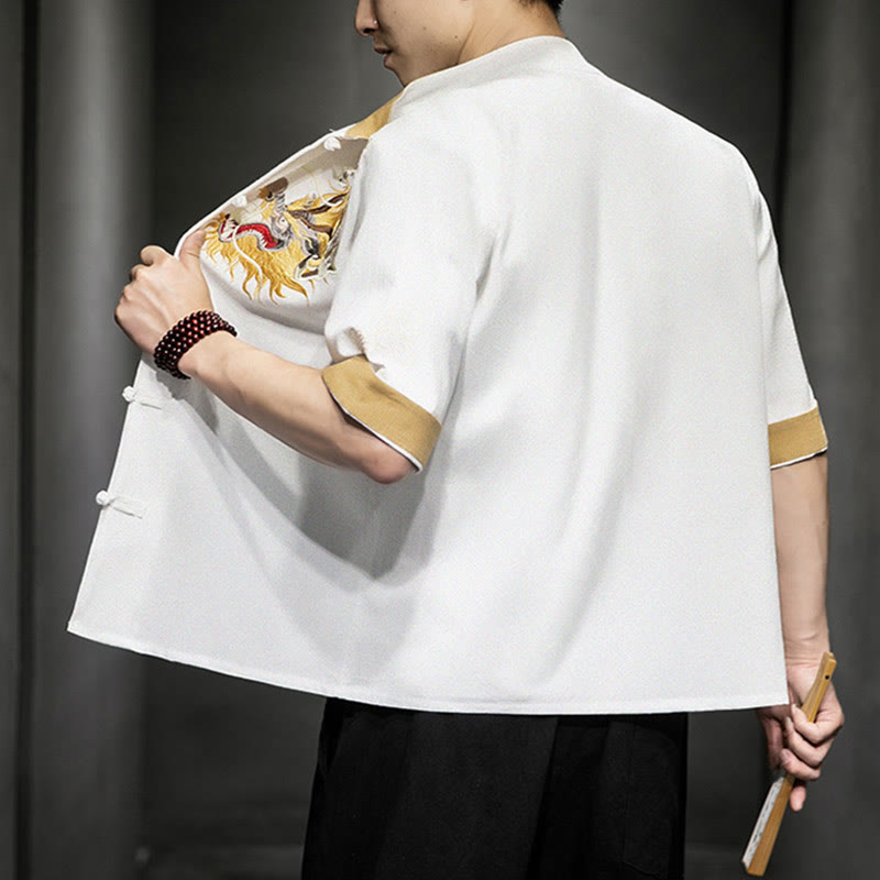 Buddha Stones -Guzik Chiński Smok Pomyślny Chmura Haft Pół Rękaw Koszula Bawełna Len Mężczyźni Odzież - image 22