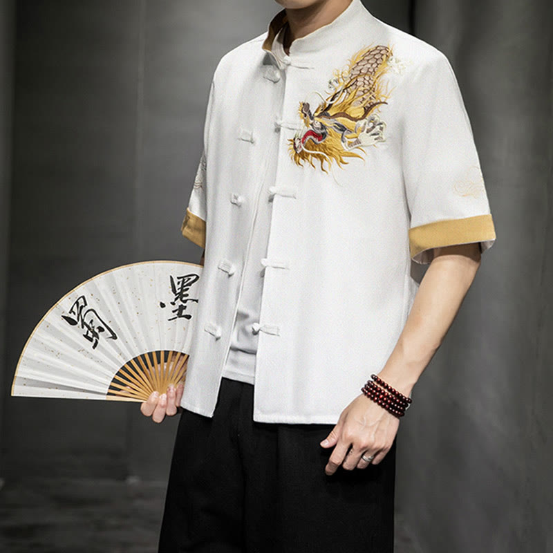 Buddha Stones -Guzik Chiński Smok Pomyślny Chmura Haft Pół Rękaw Koszula Bawełna Len Mężczyźni Odzież - Biały - US/UK/AU44,EU54 (5XL)  - image 20