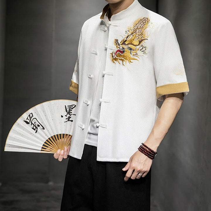 Buddha Stones -Guzik Chiński Smok Pomyślny Chmura Haft Pół Rękaw Koszula Bawełna Len Mężczyźni Odzież - Biały - US/UK/AU44,EU54 (5XL)  - image 20