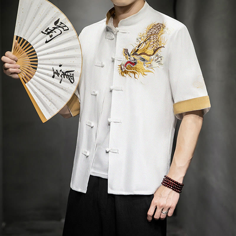 Buddha Stones -Guzik Chiński Smok Pomyślny Chmura Haft Pół Rękaw Koszula Bawełna Len Mężczyźni Odzież - image 21