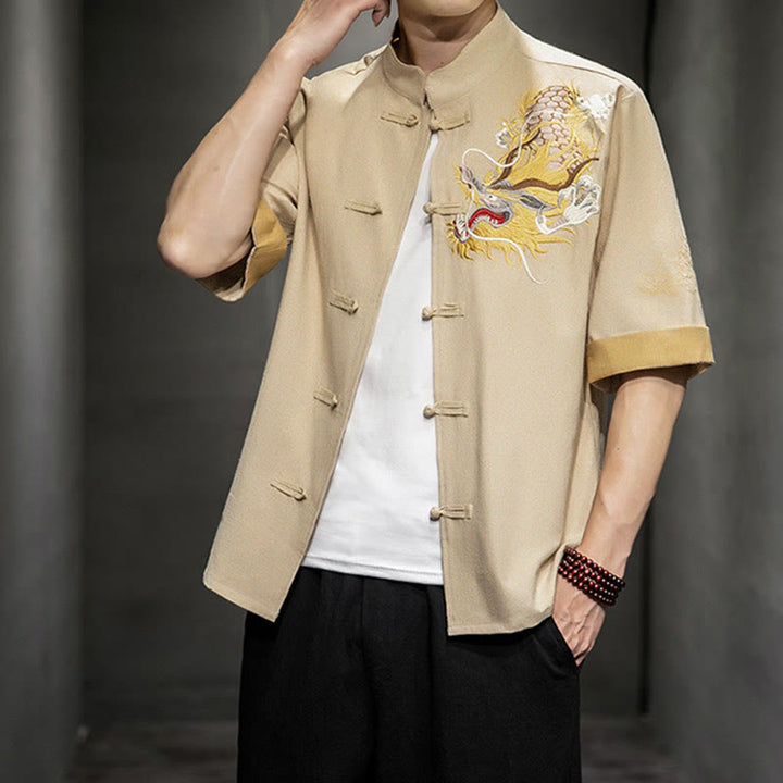 Buddha Stones -Guzik Chiński Smok Pomyślny Chmura Haft Pół Rękaw Koszula Bawełna Len Mężczyźni Odzież - image 31
