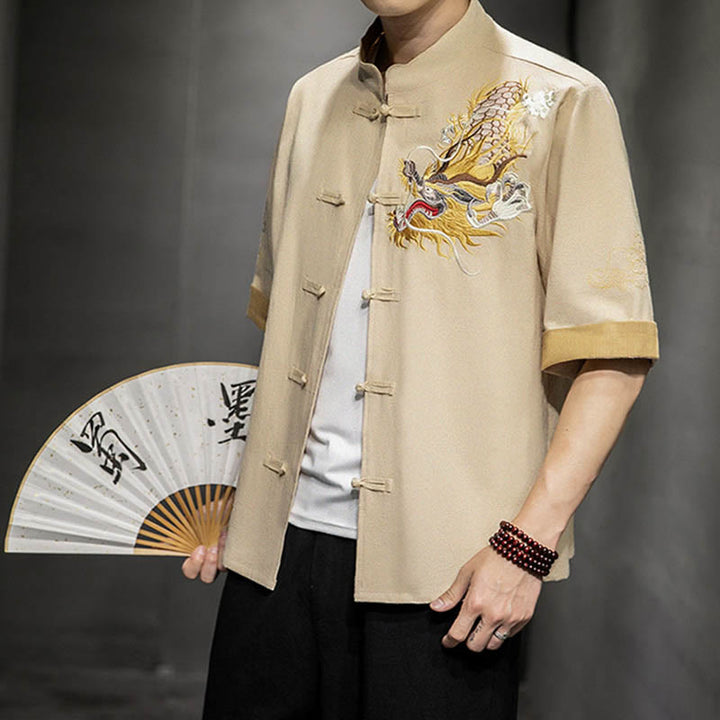 Buddha Stones -Guzik Chiński Smok Pomyślny Chmura Haft Pół Rękaw Koszula Bawełna Len Mężczyźni Odzież - Bielizna - US/UK/AU44,EU54 (5XL)  - image 26