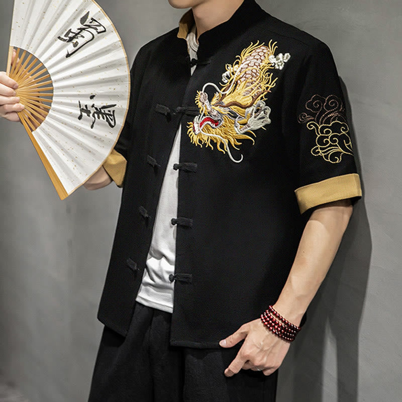 Buddha Stones -Guzik Chiński Smok Pomyślny Chmura Haft Pół Rękaw Koszula Bawełna Len Mężczyźni Odzież - image 1