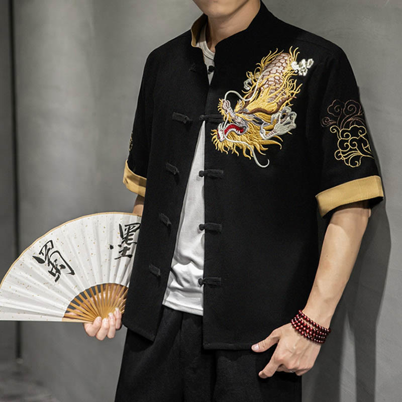 Buddha Stones -Guzik Chiński Smok Pomyślny Chmura Haft Pół Rękaw Koszula Bawełna Len Mężczyźni Odzież - Czarny - US/UK/AU44,EU54 (5XL)  - image 0