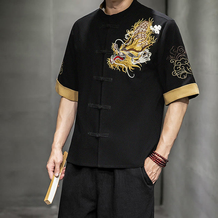 Buddha Stones -Guzik Chiński Smok Pomyślny Chmura Haft Pół Rękaw Koszula Bawełna Len Mężczyźni Odzież - image 6
