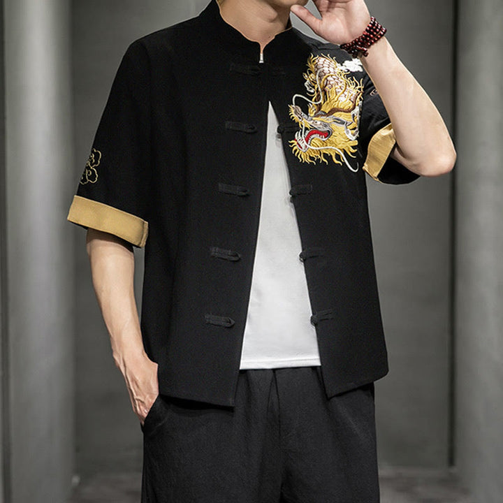 Buddha Stones -Guzik Chiński Smok Pomyślny Chmura Haft Pół Rękaw Koszula Bawełna Len Mężczyźni Odzież - image 3
