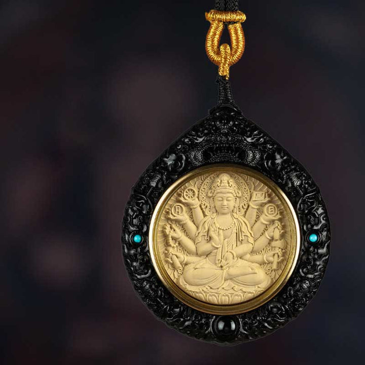 Buddha Stones Chiński Zodiak Natal Budda Mały Liść Czerwony Sandałowiec Heban Długowieczność Naszyjnik Wisiorek - Szczur-Tysiącramienny Awalokiteśwara - Heban - image 2