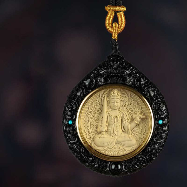 Buddha Stones Chiński Zodiak Natal Budda Mały Liść Czerwony Sandałowiec Heban Długowieczność Naszyjnik Wisiorek - Królik-Mandziuśri Bodhisattwa - Heban - image 3