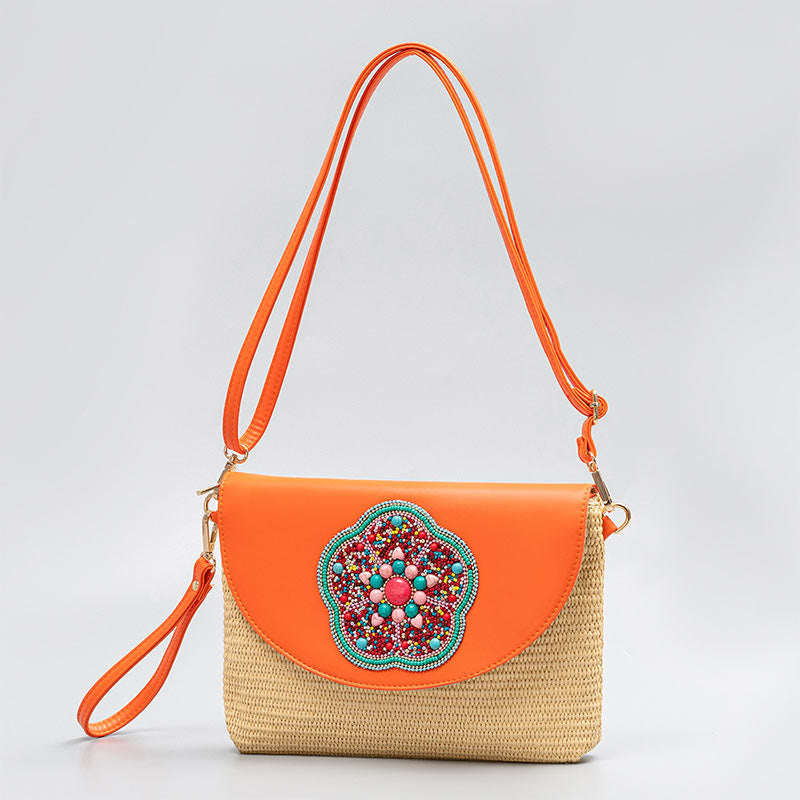 Buddha Stones Hamsa Słonia Kwiat Słomy Tkana Torba Crossbody Torba Na Ramię Torebka