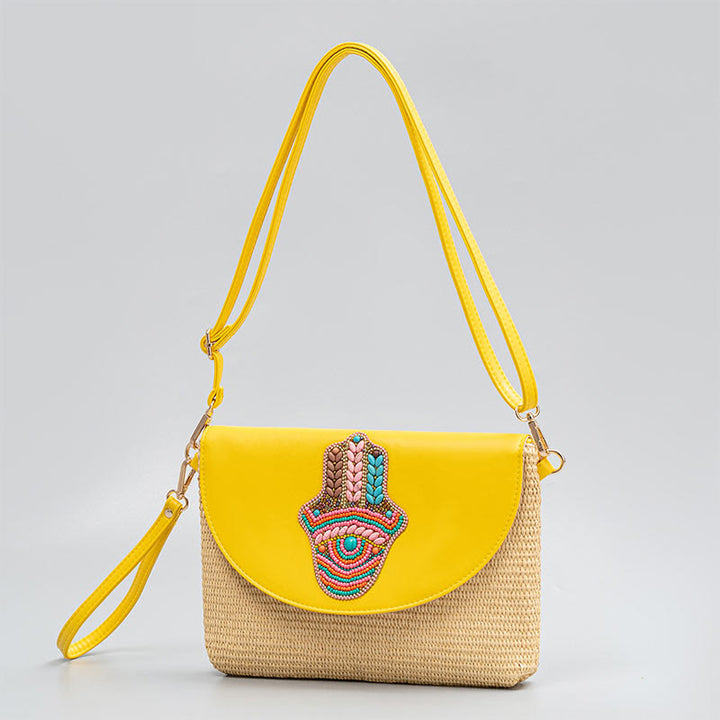Buddha Stones Hamsa Słonia Kwiat Słomy Tkana Torba Crossbody Torba Na Ramię Torebka