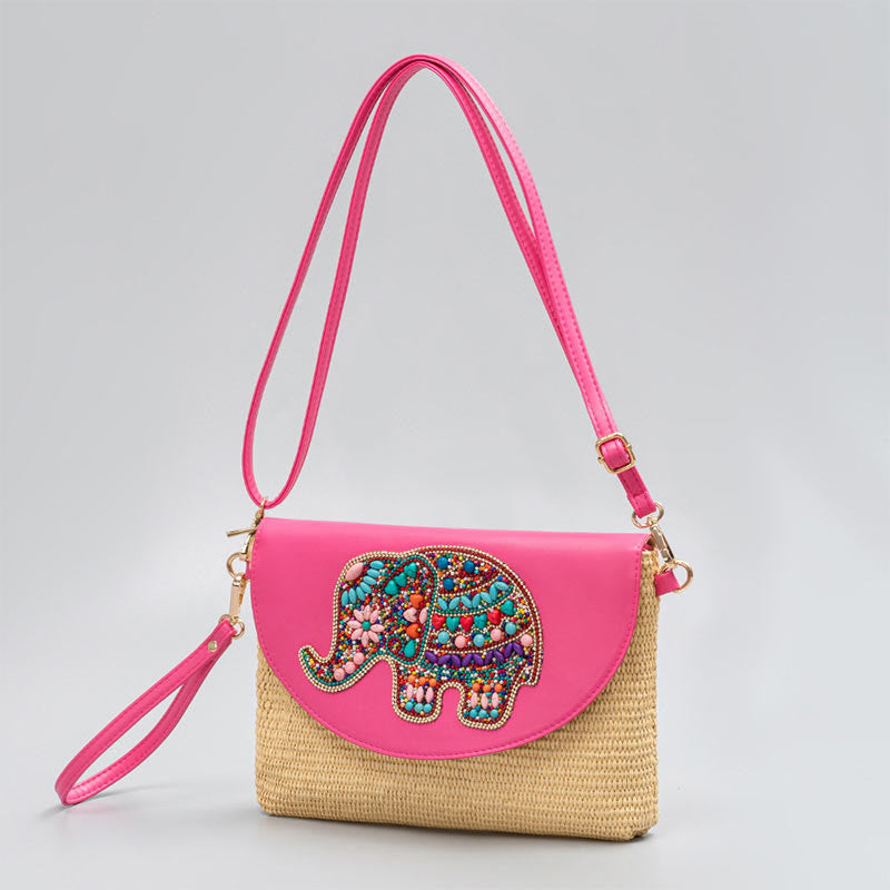 Buddha Stones Hamsa Słonia Kwiat Słomy Tkana Torba Crossbody Torba Na Ramię Torebka