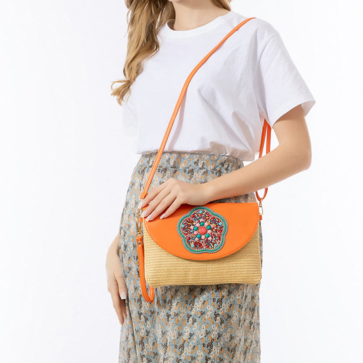 Buddha Stones Hamsa Słonia Kwiat Słomy Tkana Torba Crossbody Torba Na Ramię Torebka