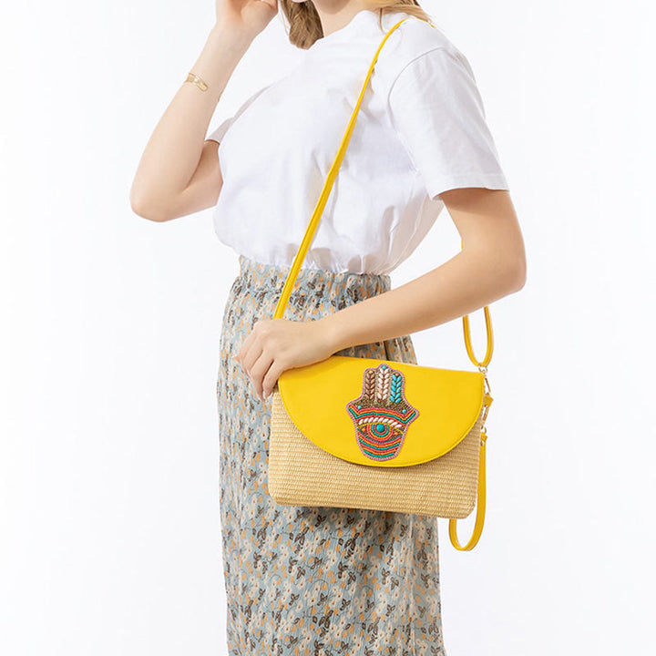 Buddha Stones Hamsa Słonia Kwiat Słomy Tkana Torba Crossbody Torba Na Ramię Torebka