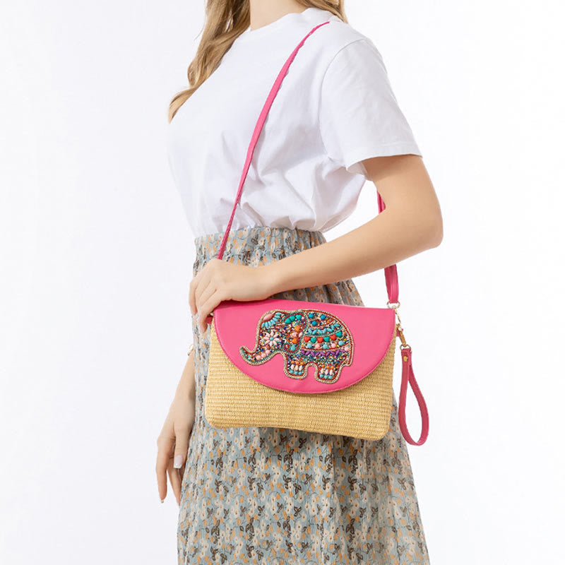 Buddha Stones Hamsa Słonia Kwiat Słomy Tkana Torba Crossbody Torba Na Ramię Torebka
