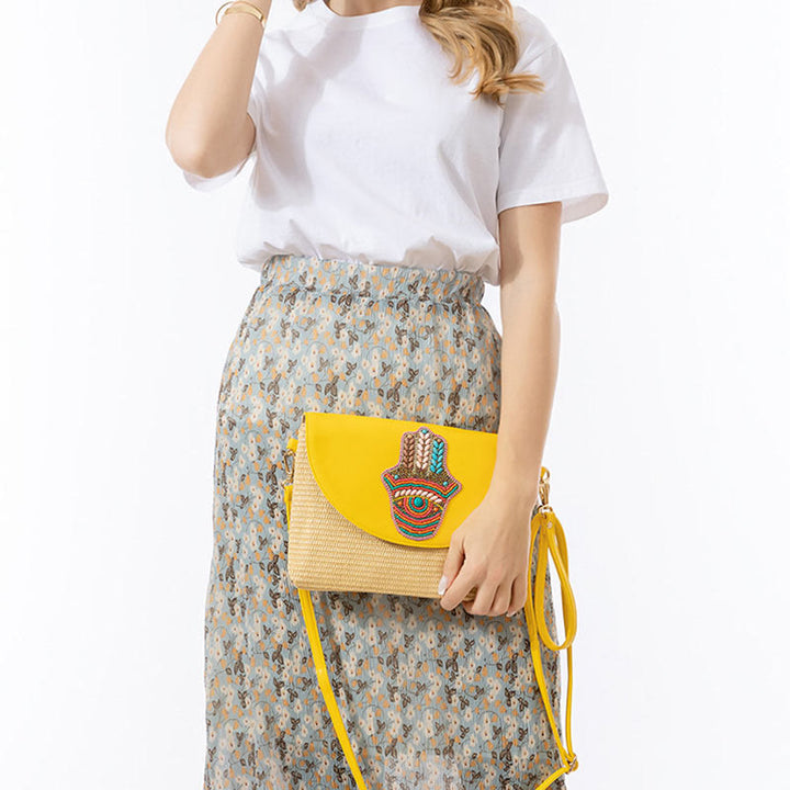 Buddha Stones Hamsa Słonia Kwiat Słomy Tkana Torba Crossbody Torba Na Ramię Torebka